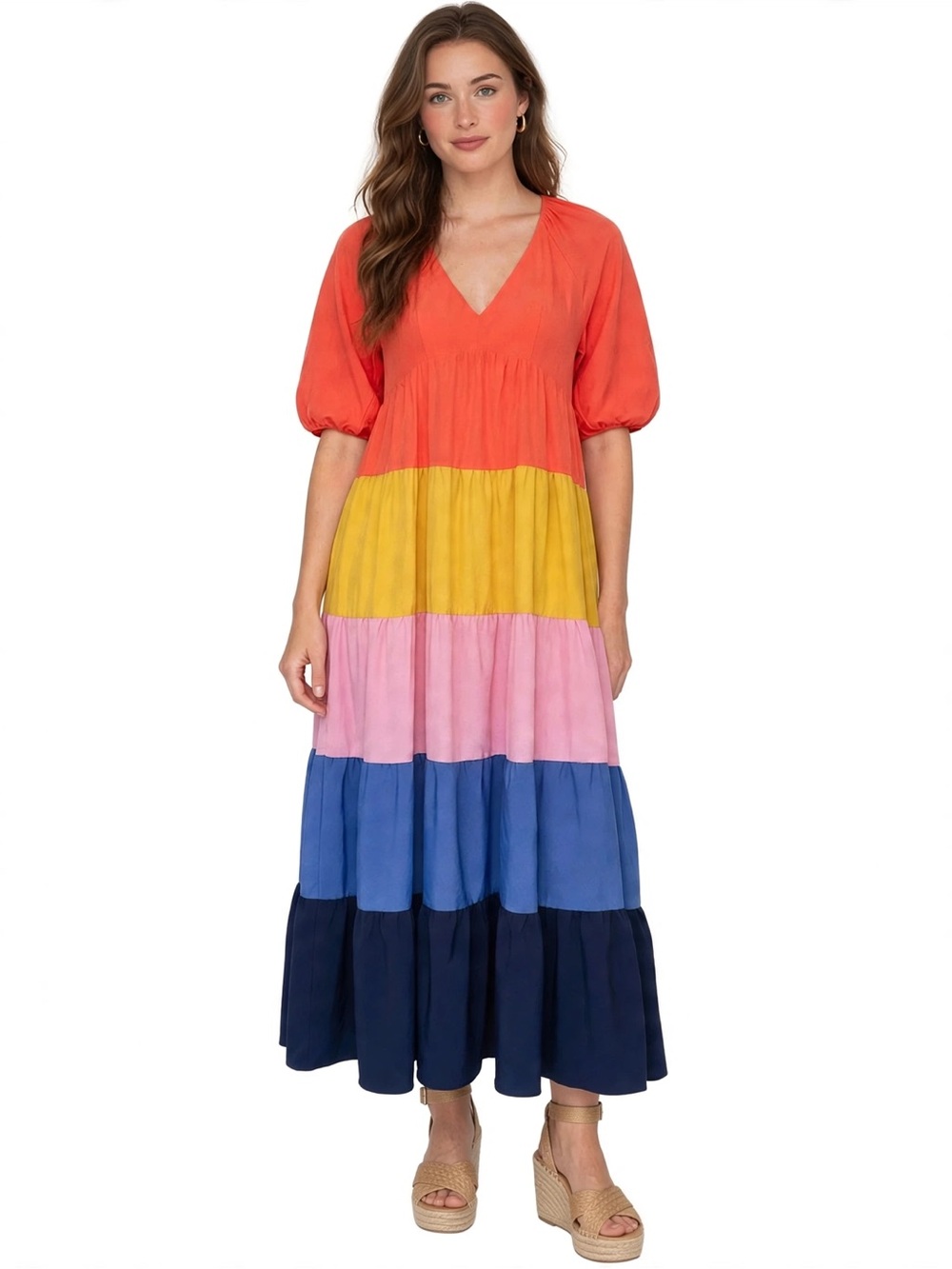 Entro Rainbow Colorblock Tiered Maxi Dress Boho V-Neck Puff Sleeve NWT Boutique